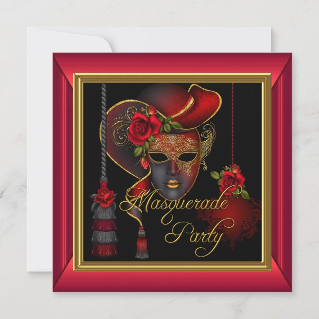 Invitation Masquerade Party Rouge Masques Or Noir Anniversair (Devant)