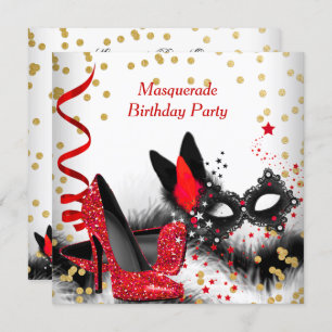Invitation Masquerade Party Rouge talons blanc or noir Masque