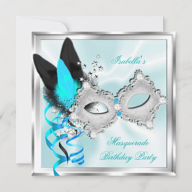 Invitation Masquerade Party Turquoise argent noir Masque (Devant)