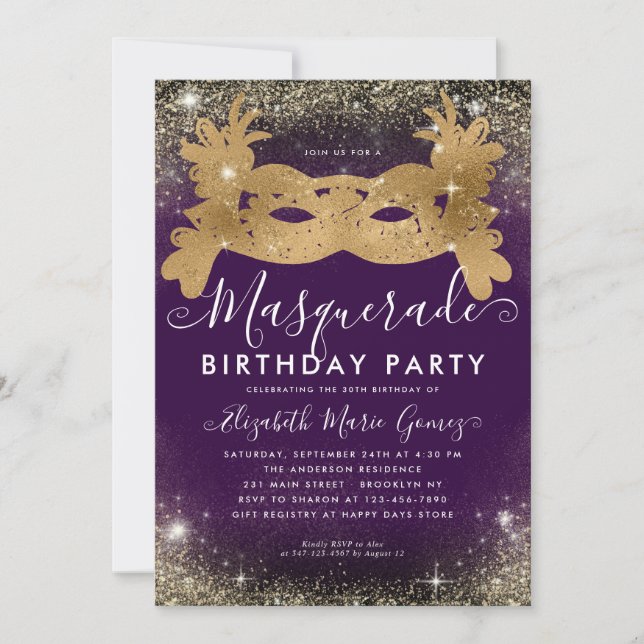Invitation Masquerade Purple Gold Parties scintillant Dust An (Devant)