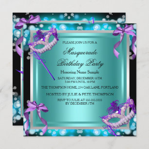 Invitation Masquerade Purple Masques Turquoises fête d'annive