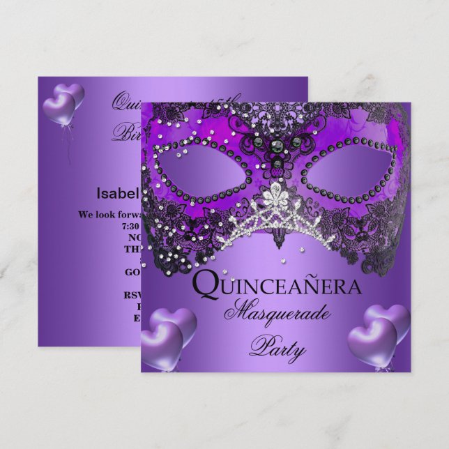 Invitation Masquerade Quinceanera 15 Anniversaire violet (Devant / Derrière)