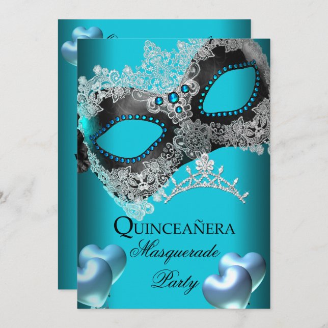 Invitation Masquerade Quinceanera 15 fête d'anniversaire Turq (Devant / Derrière)