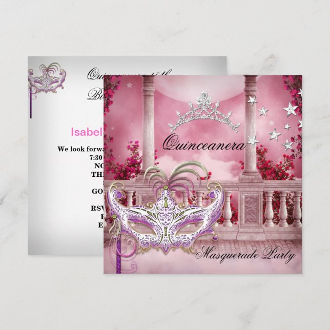 Invitation Masquerade Quinceanera 15 rose fête d'anniversaire (Devant / Derrière)