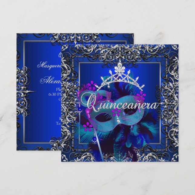 Invitation Masquerade Quinceanera 15e anniversaire Party Blue (Devant / Derrière)