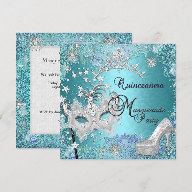 Invitation Masquerade Quinceanera 15ème Party Blue Tiara Chau (Devant / Derrière)