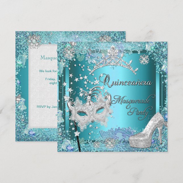 Invitation Masquerade Quinceanera 15ème Party Blue Tiara Chau (Devant / Derrière)