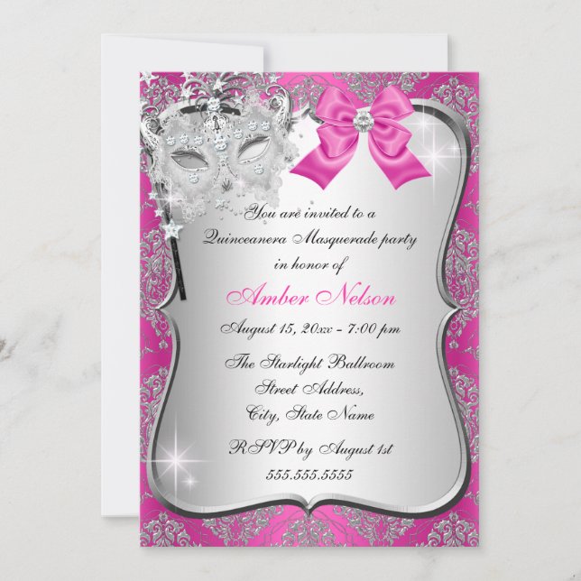 Invitation Masquerade Quinceanera en damassé rose  (Devant)