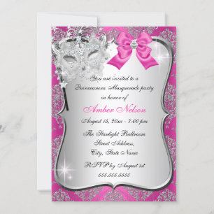 Invitation Masquerade Quinceanera en damassé rose 