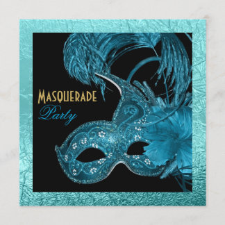 Invitation Masquerade quinceañera fête bleu feuille