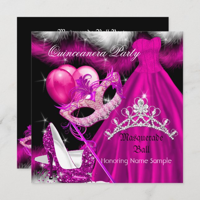 Invitation Masquerade Quinceanera fête d'anniversaire rose 3 (Devant / Derrière)