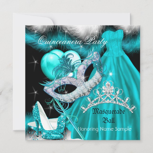Invitation Masquerade Quinceanera fête d'anniversaire Turquoi (Devant)
