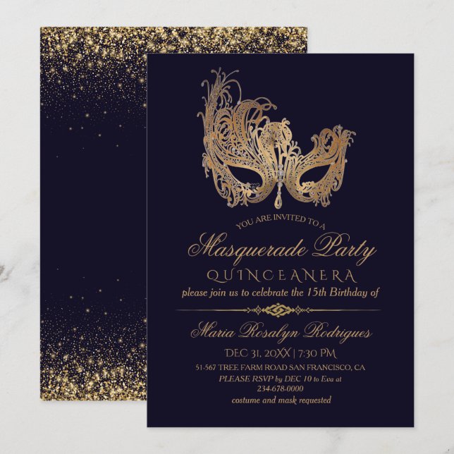 Invitation Masquerade Quinceanera Gold & Blue (Devant / Derrière)