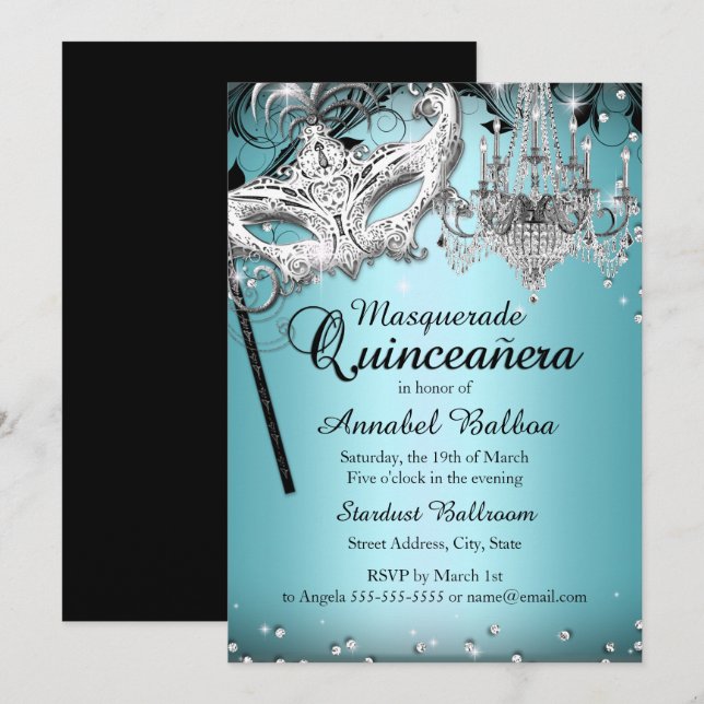 Invitation Masquerade Quinceañera Lustre Bleu (Devant / Derrière)
