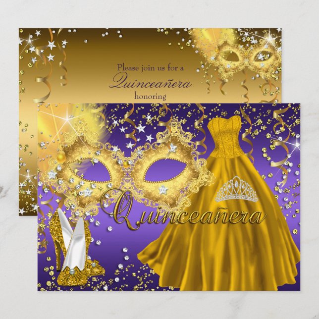 Invitation Masquerade Quinceanera Masque Violet Or (Devant / Derrière)