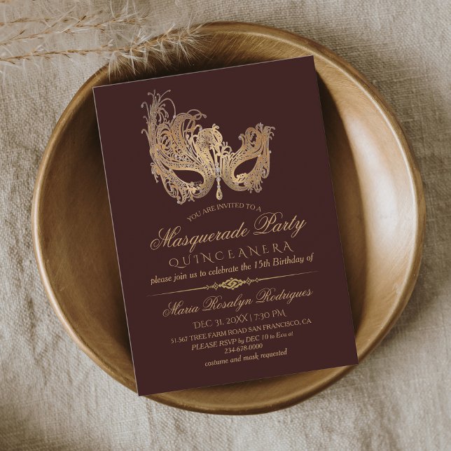 Invitation Masquerade Quinceanera Or & Bourgogne (Créateur téléchargé)