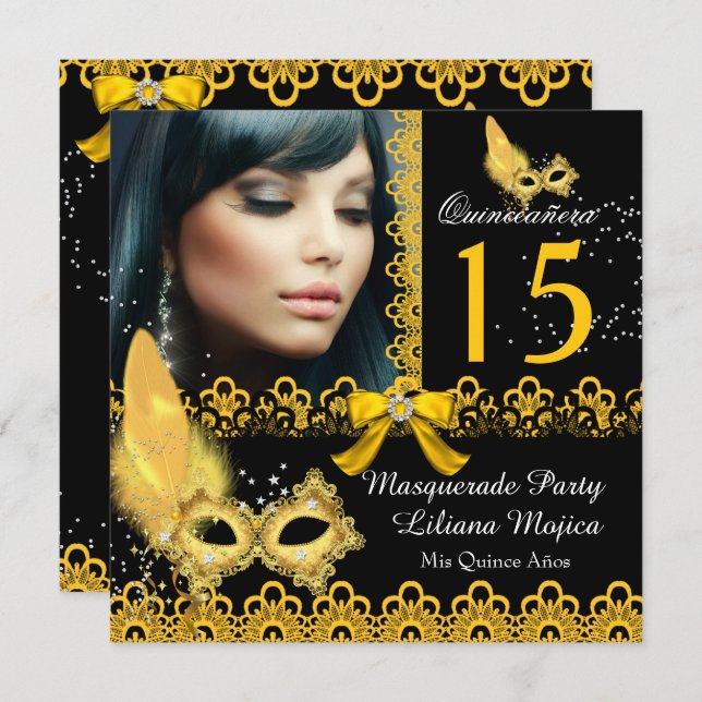 Invitation Masquerade Quinceanera Party Jaune Or Dentelle (Devant / Derrière)