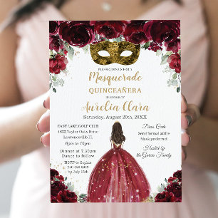 Invitation Masquerade Quinceañera Riche Bourgogne Rouge Flora