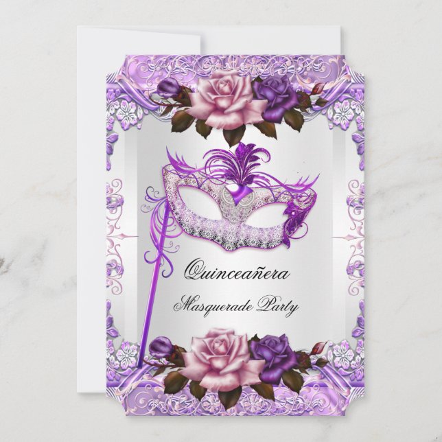 Invitation Masquerade Quinceanera Rose rose violet argent (Devant)