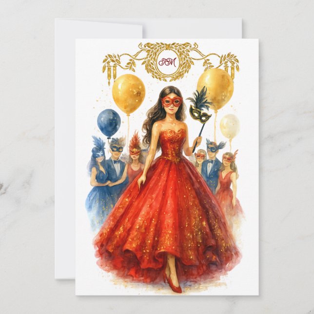 Invitation Masquerade Quinceañera Ruby Red Gold Ball (Devant)