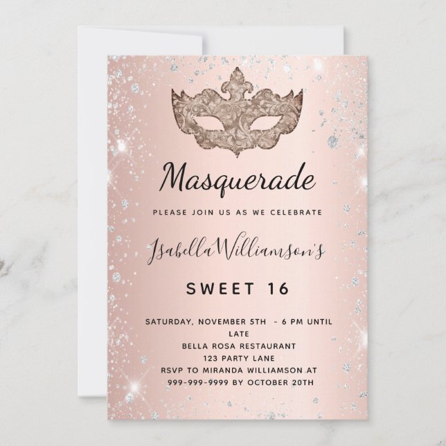 Invitation Masquerade rose or argent parties scintillant pous (Devant)