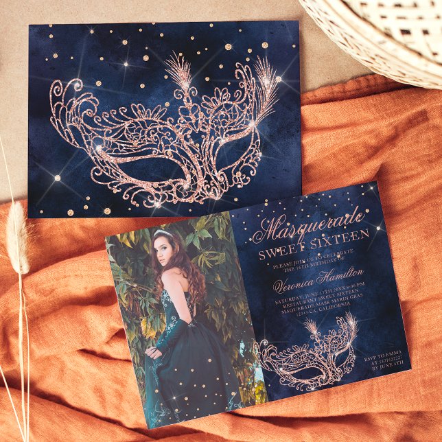 Invitation Masquerade rose or parties scintillant Sweet 16 ph (Créateur téléchargé)