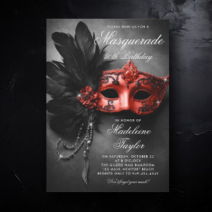 Invitation Masquerade Rouge Noir Élégant Chic 50e anniversair