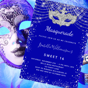 Invitation Masquerade royal bleu argent Sweet 16 partie luxe