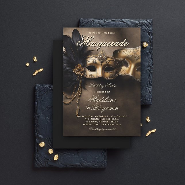 Invitation Masquerade Soiree Couple Moody 50e anniversaire (masquerade invitation couple soiree venetian masks birthday party moody black brown gold elegant)