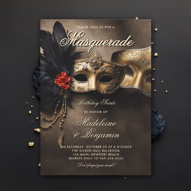 Invitation Masquerade Soiree masques vénitienne Duo 50e anniv (masquerade invitation couple soiree venetian masks duo birthday party moody black brown gold elegant)