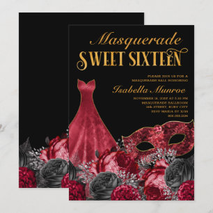 Invitation Masquerade Sweet 16 Black Red Gold 16e anniversair