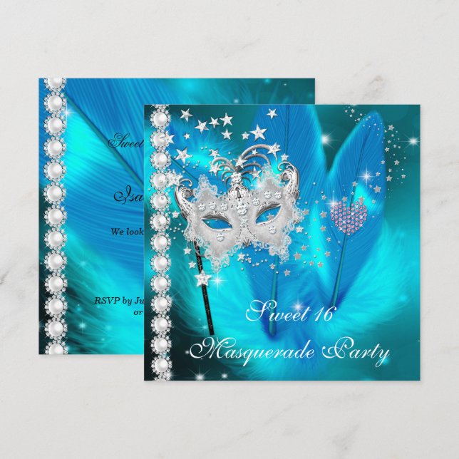 Invitation Masquerade Sweet 16 Masque à plumes Noir Sarcelle  (Devant / Derrière)