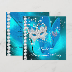 Invitation Masquerade Sweet 16 Masque à plumes Noir Sarcelle 