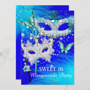 Invitation Masquerade Sweet 16 Masque Diamant Bleu Turquoise