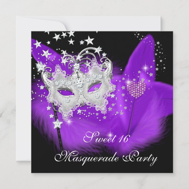 Invitation Masquerade Sweet 16 Purple Black Feather Mask (Devant)