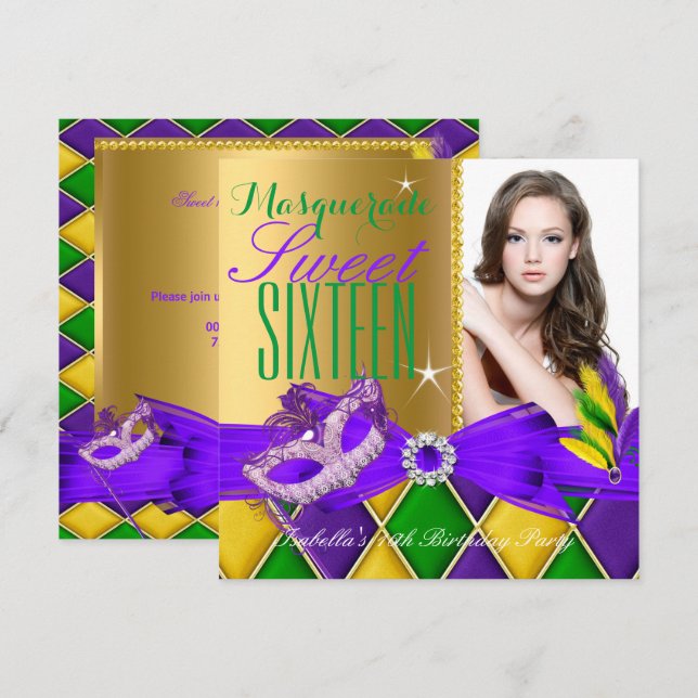 Invitation Masquerade Sweet 16 Purple Green Gold (Devant / Derrière)