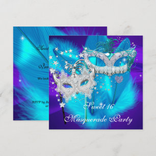 Invitation Masquerade Sweet 16 Purple Turquoise Masque bleu