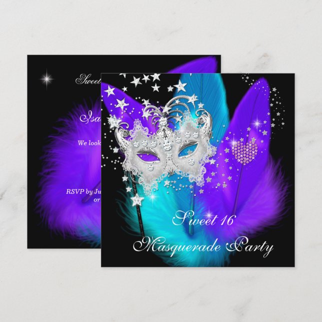 Invitation Masquerade Sweet 16 Purple Turquoise Masque de plu (Devant / Derrière)