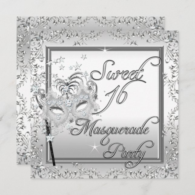 Invitation Masquerade Sweet 16 Seize Anniversaire Blanc (Devant / Derrière)