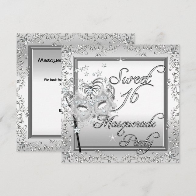 Invitation Masquerade Sweet 16 Seize Ans Anniversaire Blanc (Devant / Derrière)