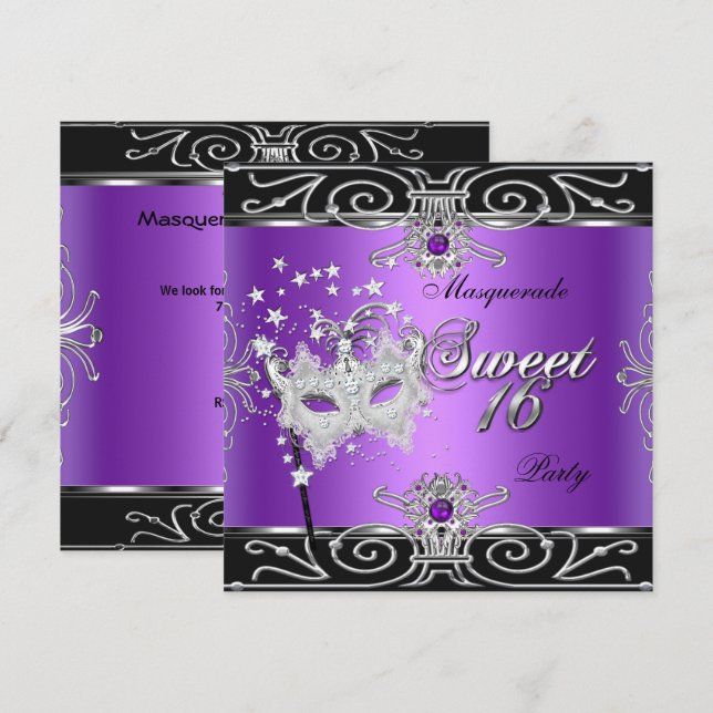 Invitation Masquerade Sweet 16 Seize Ans Anniversaire Violet  (Devant / Derrière)