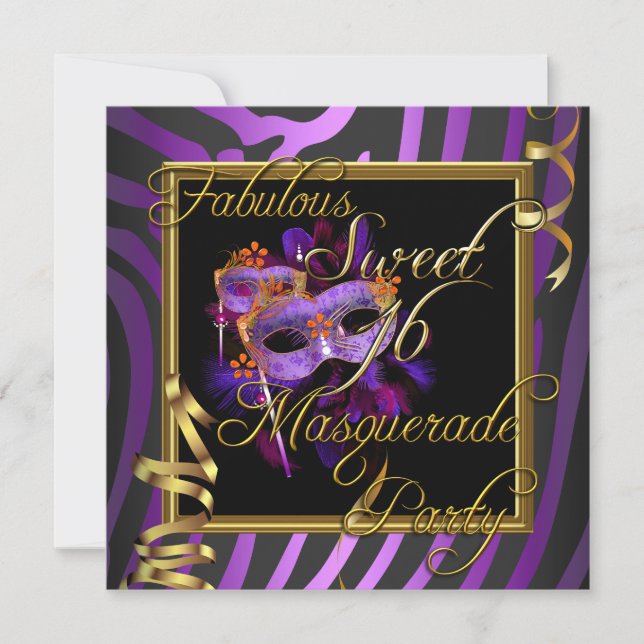 Invitation Masquerade Sweet 16 Sweet sixteen Or violet (Devant)