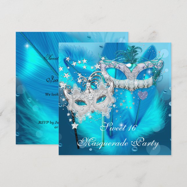 Invitation Masquerade Sweet 16 Turquoise Masque de plumes ble (Devant / Derrière)