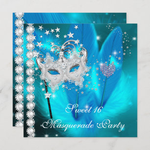 Invitation Masquerade Sweet 16 Turquoise Masque de plumes noi