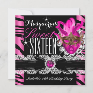 Invitation Masquerade Sweet sixteen doux 16 Zèbre rose