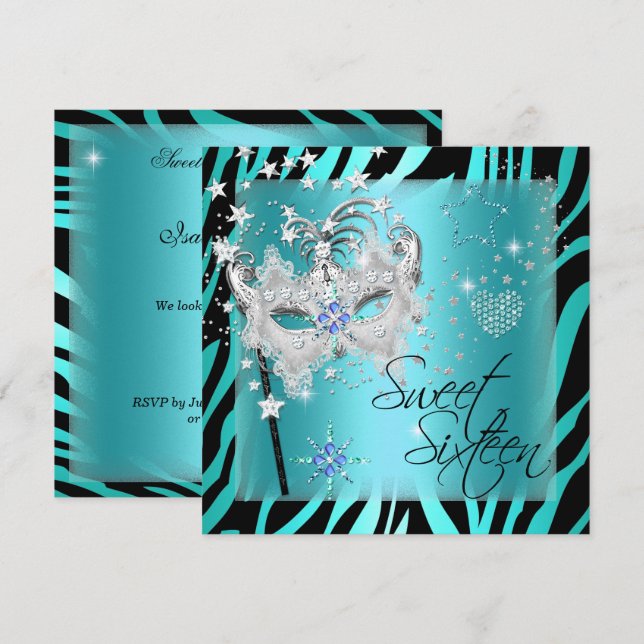 Invitation Masquerade Sweet sixteen Sweet 16 Zèbre Turquoise (Devant / Derrière)