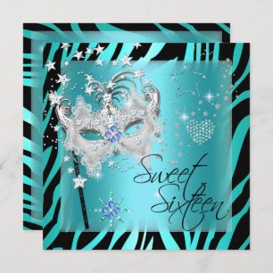 Invitation Masquerade Sweet sixteen Sweet 16 Zèbre Turquoise