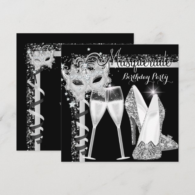 Invitation Masquerade Talons Hauts Argent Noir Champagne Soir (Devant / Derrière)