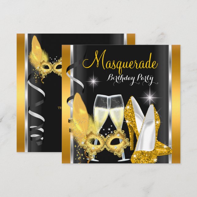 Invitation Masquerade Talons Hauts Or Noir Champagne Soirée 2 (Devant / Derrière)