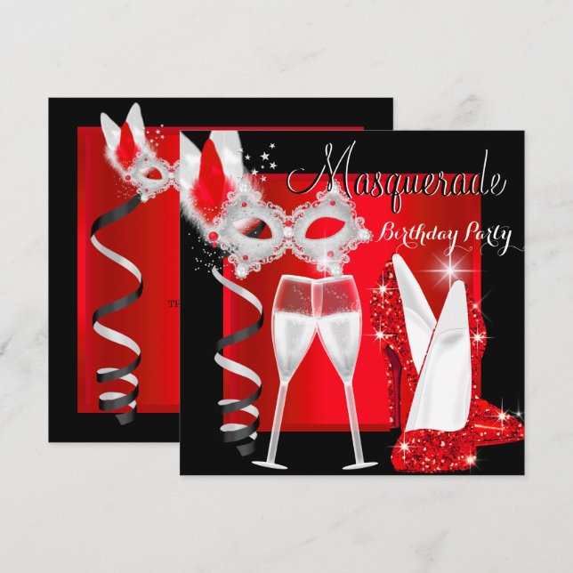 Invitation Masquerade Talons Rouges Noirs Champagne Fête 2 (Devant / Derrière)